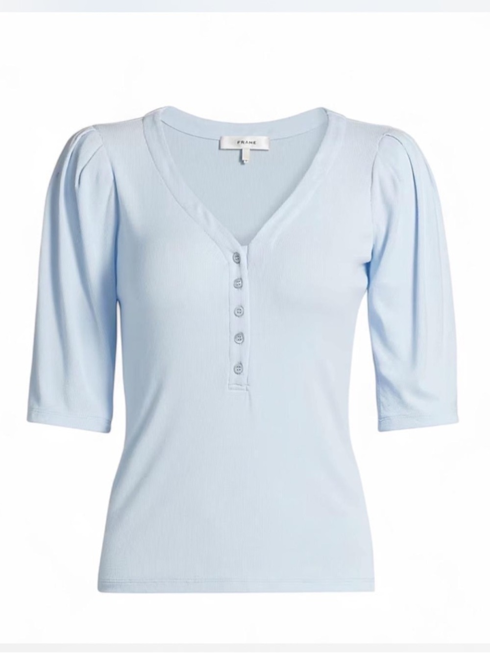 Frame Denim Pale Blue Ribbed V-Neck Henley with Puff Sleeves